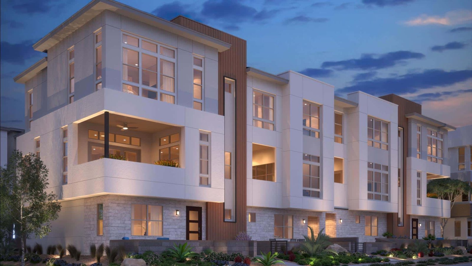 Amiata townhomes by Toll Brothers at twilight in Inspirada, Henderson NV