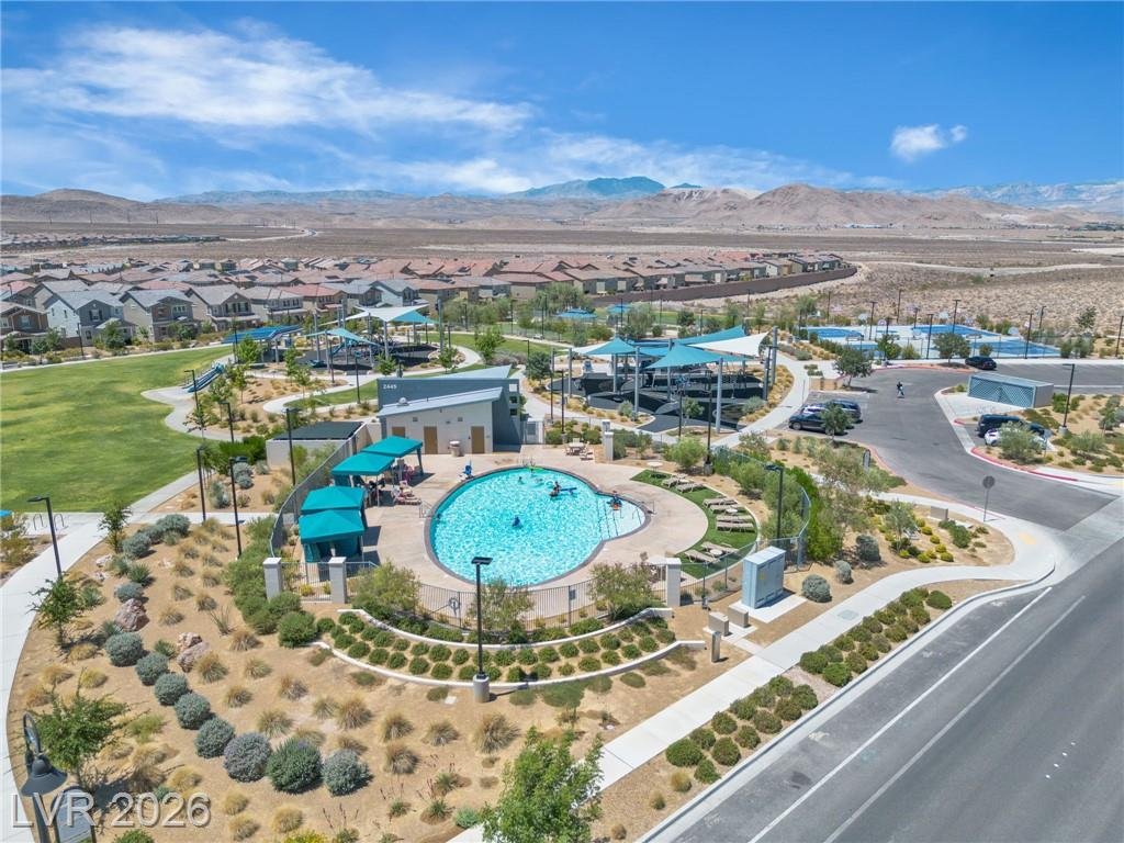 Aerial of the Inspirada community pool and shaded cabanas