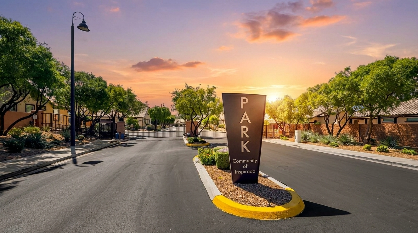 The gated entrance monument reading Park, Community of Inspirada, in Henderson NV