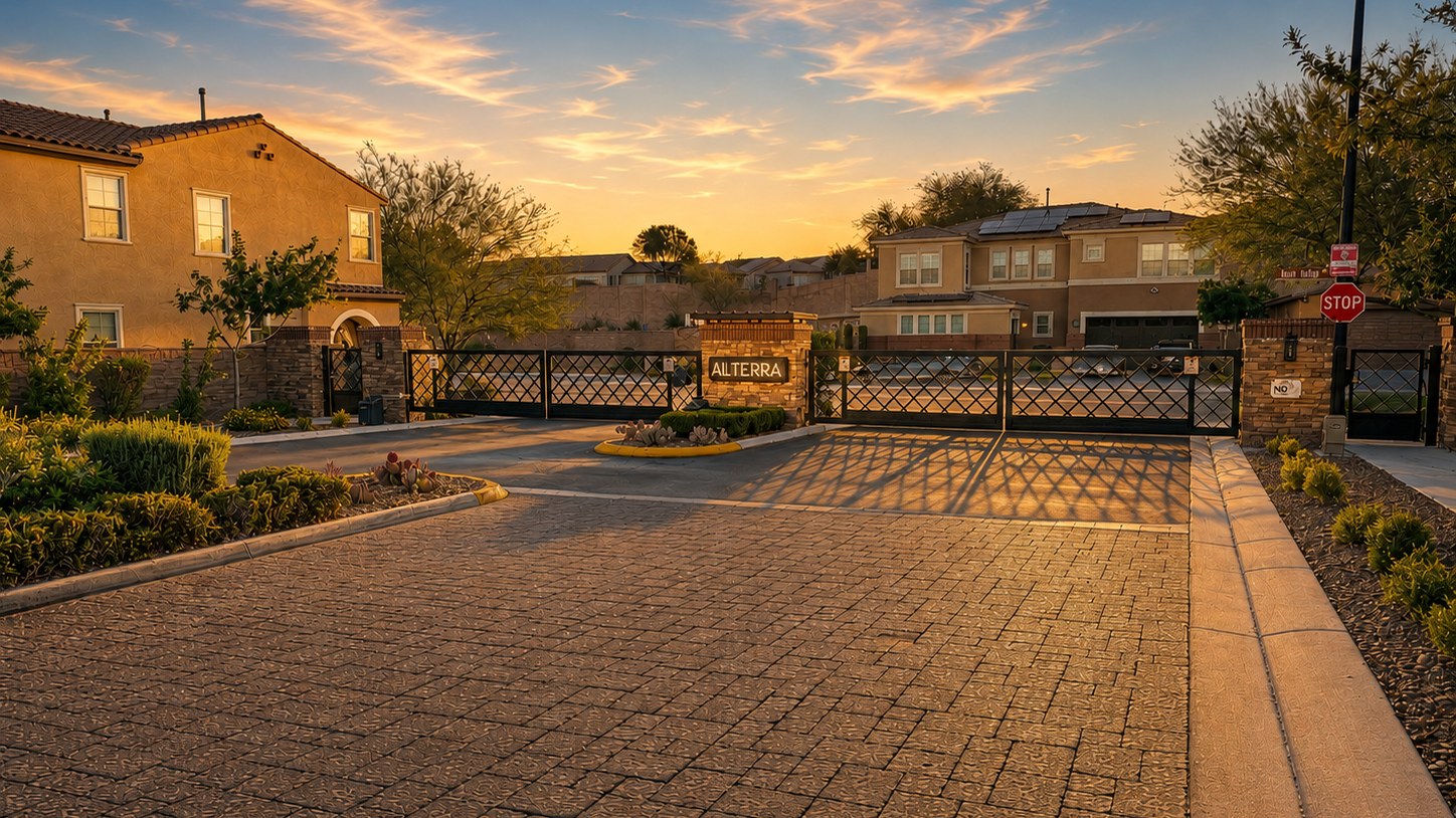 Sunset over the gated entrance to Alterra by Pardee Homes in Inspirada, Henderson NV