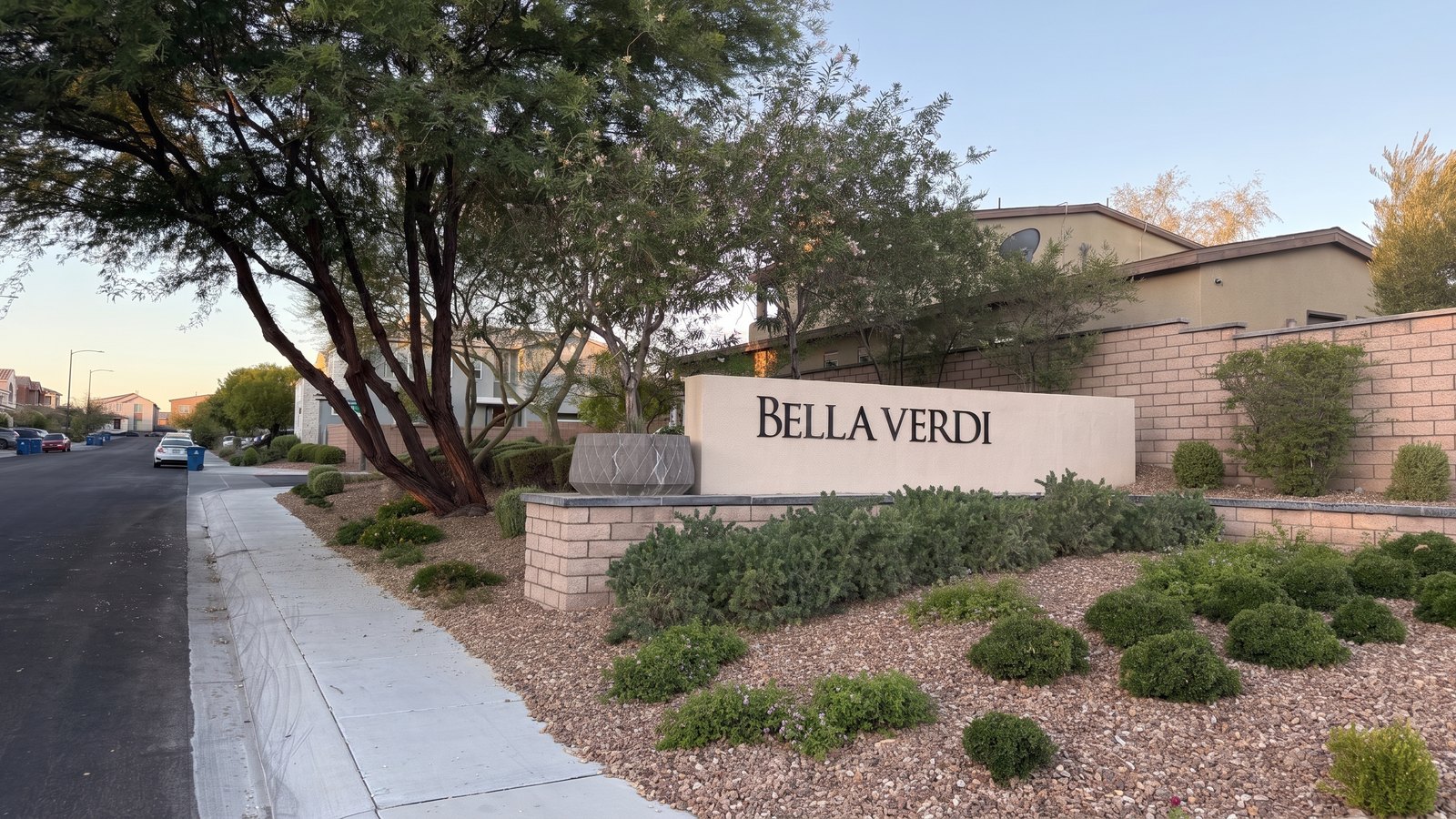 The Bella Verdi entrance monument on a residential street in Inspirada, Henderson NV