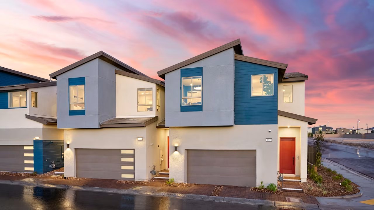 Capri townhomes by Tri Pointe Homes at sunset in Inspirada, Henderson NV