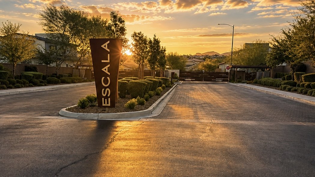 The Escala entrance monument at sunrise in the gated Escala neighborhood of Inspirada, Henderson NV