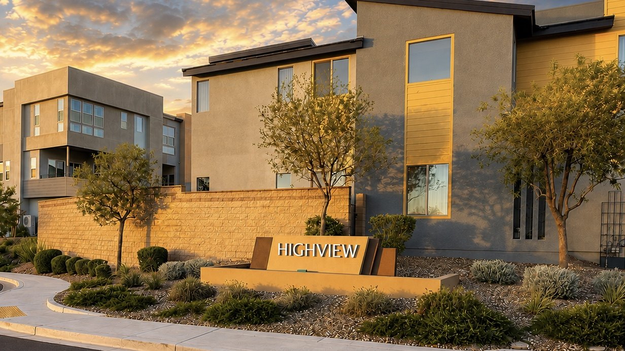 Highview townhomes by Tri Pointe Homes behind the Highview entrance monument in Inspirada, Henderson NV