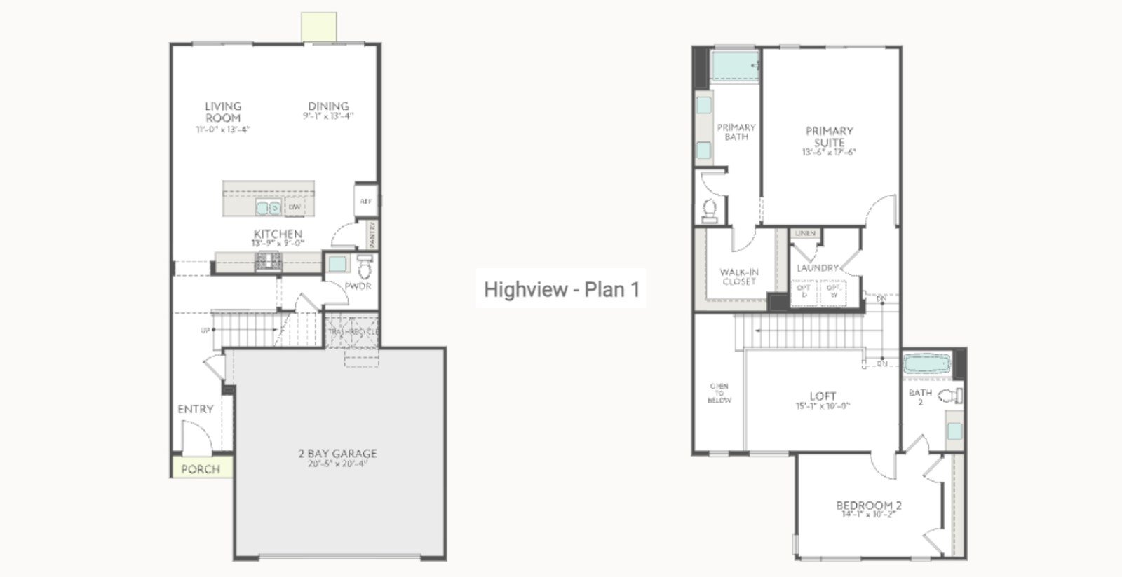 Highview Plan 1 floor plan by Tri Pointe Homes in Inspirada, Henderson NV - first floor with living room, dining, kitchen and two-bay garage; second floor with primary suite, bedroom 2 and a loft that can be built as an optional third bedroom