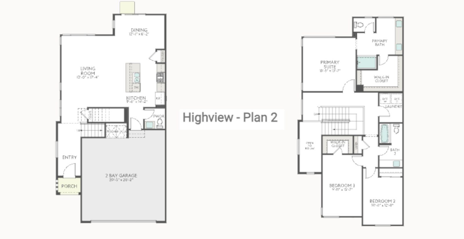 Highview Plan 2 floor plan by Tri Pointe Homes in Inspirada, Henderson NV - first floor with living room, dining, kitchen and two-bay garage; second floor with primary suite and bedrooms 2 and 3