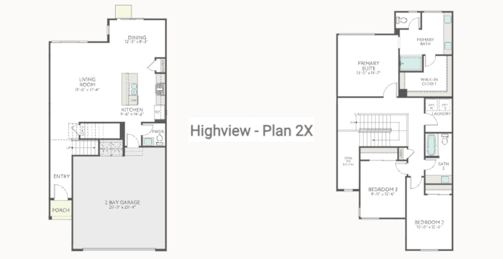 Highview Plan 2X floor plan by Tri Pointe Homes in Inspirada, Henderson NV - first floor with living room, dining, kitchen and two-bay garage; second floor with primary suite and bedrooms 2 and 3