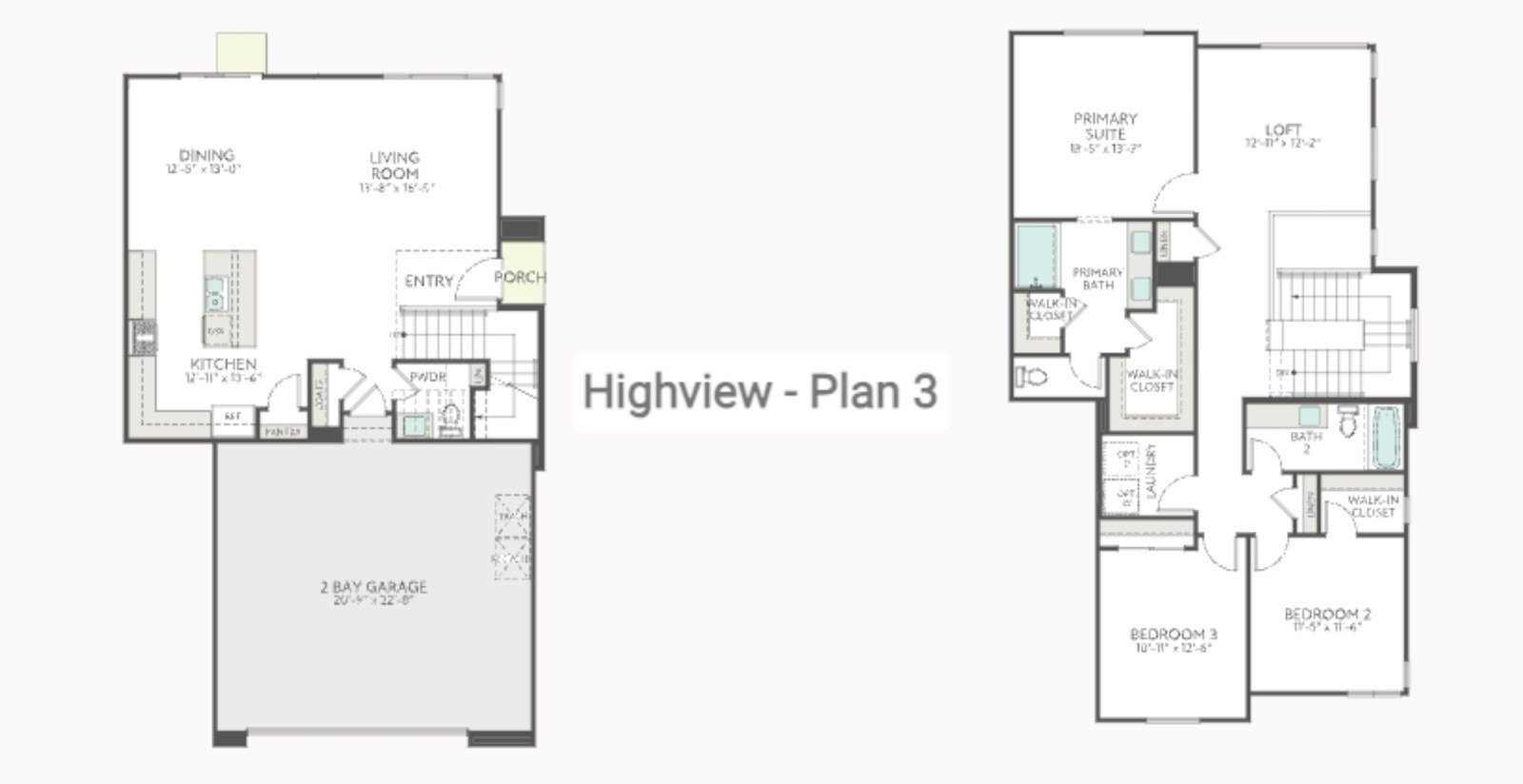 Highview Plan 3 floor plan by Tri Pointe Homes in Inspirada, Henderson NV - first floor with dining, living room, kitchen and two-bay garage; second floor with primary suite, loft and bedrooms 2 and 3