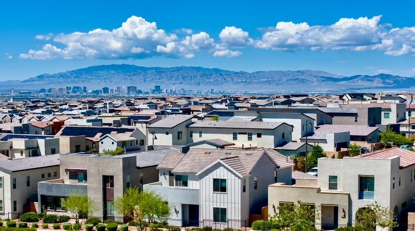 Aerial view over Inspirada homes in Henderson NV with the Las Vegas Strip and mountains on the horizon