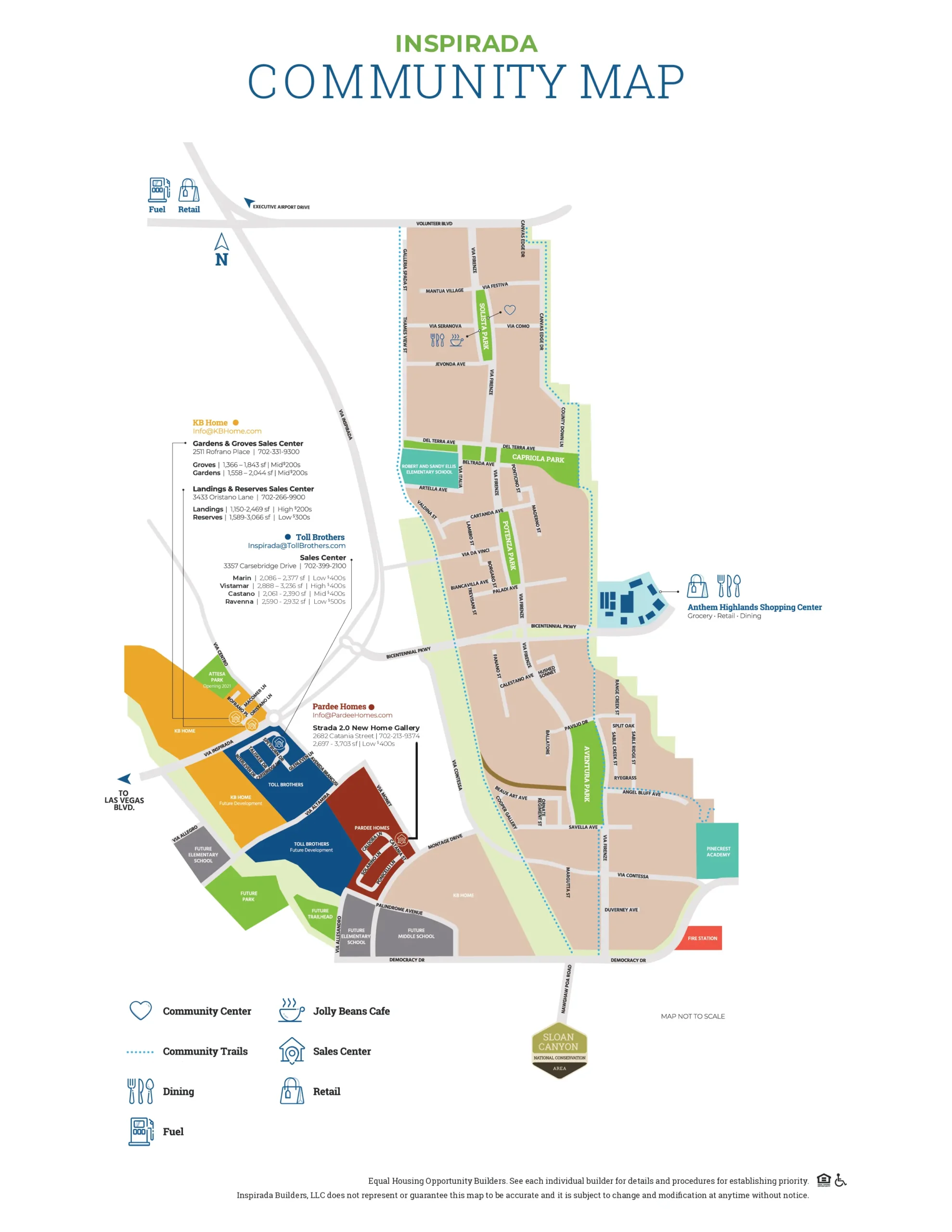 Official Inspirada community map of Henderson NV showing all seven parks — Solista, Capriola, Potenza, Attesa, Aventura, Sentiero and Montagna — plus the villages, Robert and Sandy Ellis Elementary School, Pinecrest Academy, community trails and the Anthem Highlands shopping center
