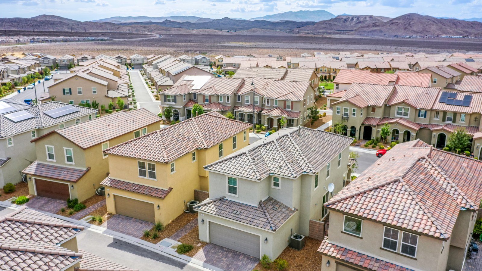 Aerial view of Landings by KB Home in Inspirada, Henderson NV, with the Black Mountain range beyond