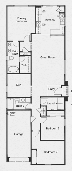 Landings Plan 1453 floor plan by KB Home in Inspirada, Henderson NV - single-story with primary bedroom, den, two additional bedrooms and a two-car garage