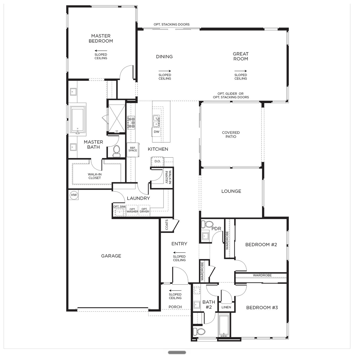 Montero Plan 1 floor plan by Pardee Homes in Inspirada, Henderson NV - single-story with master suite, great room, dining, kitchen, lounge, covered patio, two additional bedrooms and a two-car garage