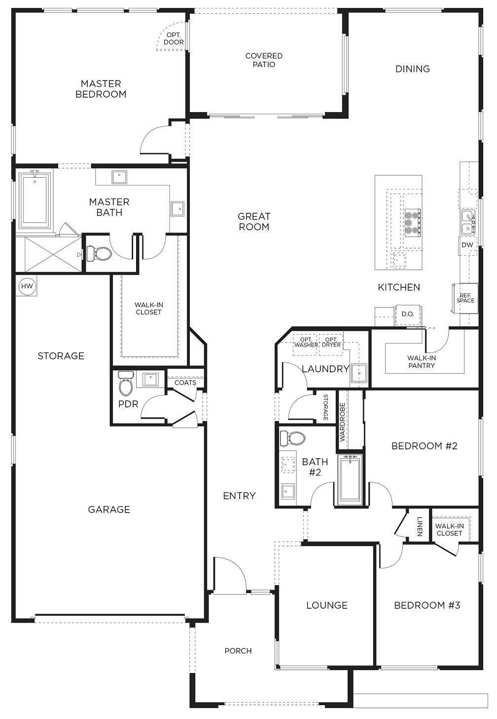 Montero Plan 2 floor plan by Pardee Homes in Inspirada, Henderson NV - single-story with master suite, great room, dining, walk-in pantry, lounge, two additional bedrooms, storage and a two-car garage