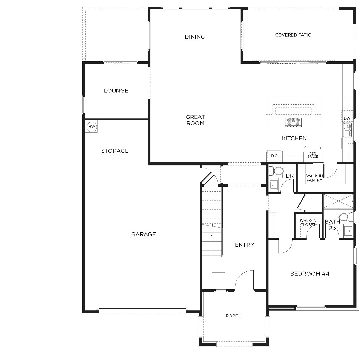 Montero Plan 3 first floor by Pardee Homes in Inspirada, Henderson NV - great room, dining, kitchen with walk-in pantry, lounge, downstairs bedroom 4 with bath, covered patio and a two-car garage