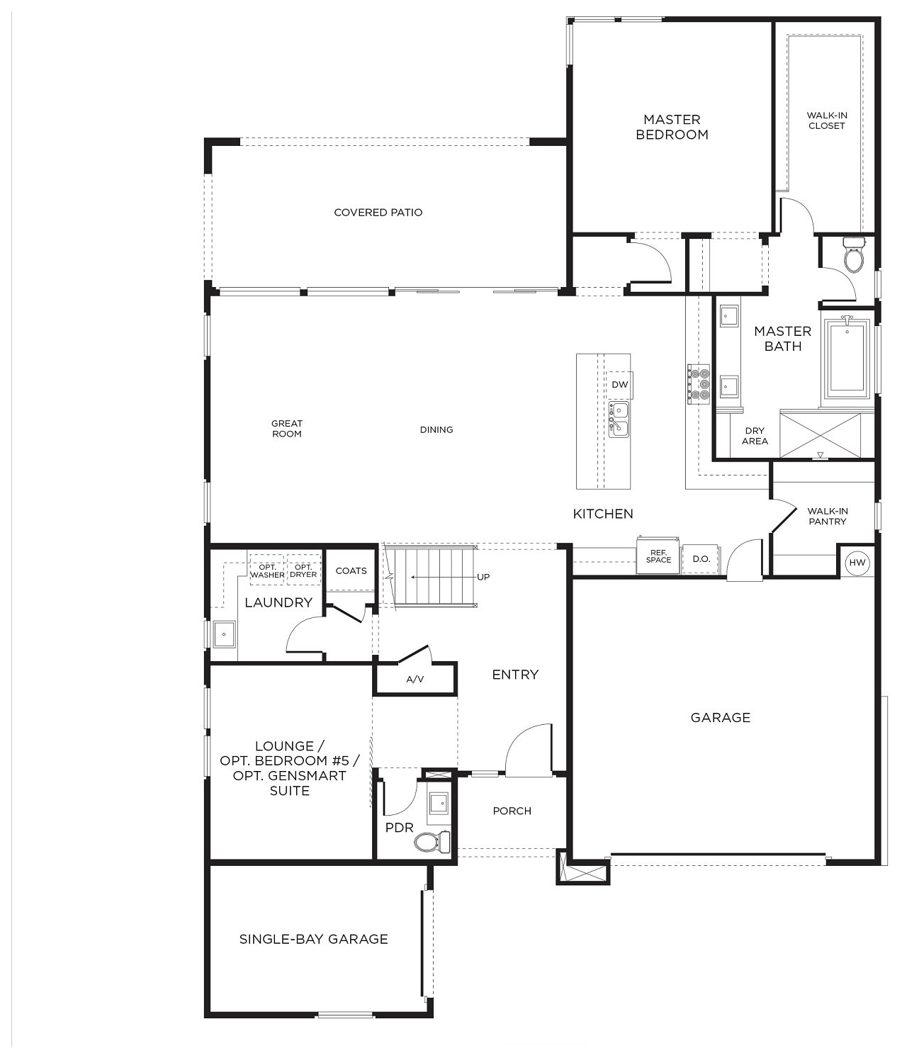 Montero Plan 4 first floor by Pardee Homes in Inspirada, Henderson NV - main-floor master suite, great room, dining, kitchen, covered patio, a lounge that converts to an optional fifth bedroom or GenSmart Suite, plus a two-car and single-bay garage