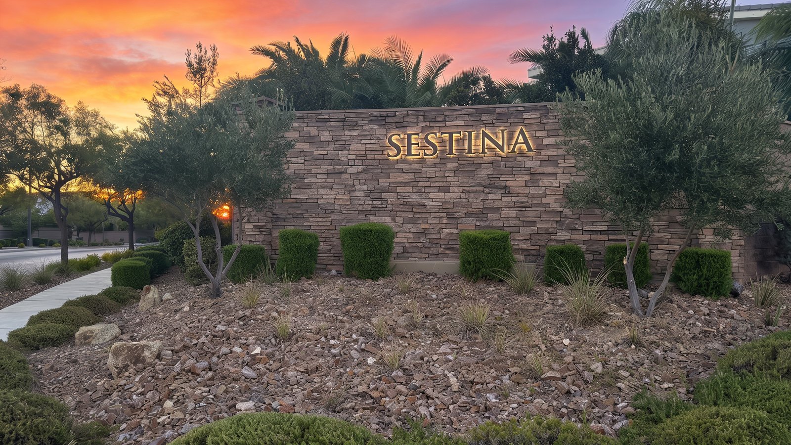 The Sestina entrance monument at sunset in Inspirada, Henderson NV