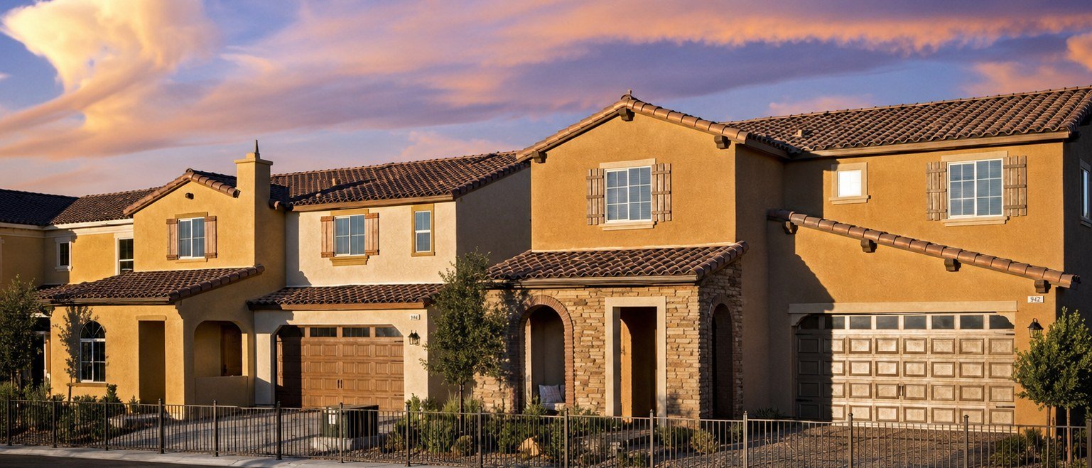 Streetscape of two-story Spanish-style homes at Solano by Pardee Homes in Inspirada, Henderson NV, under a sunset sky