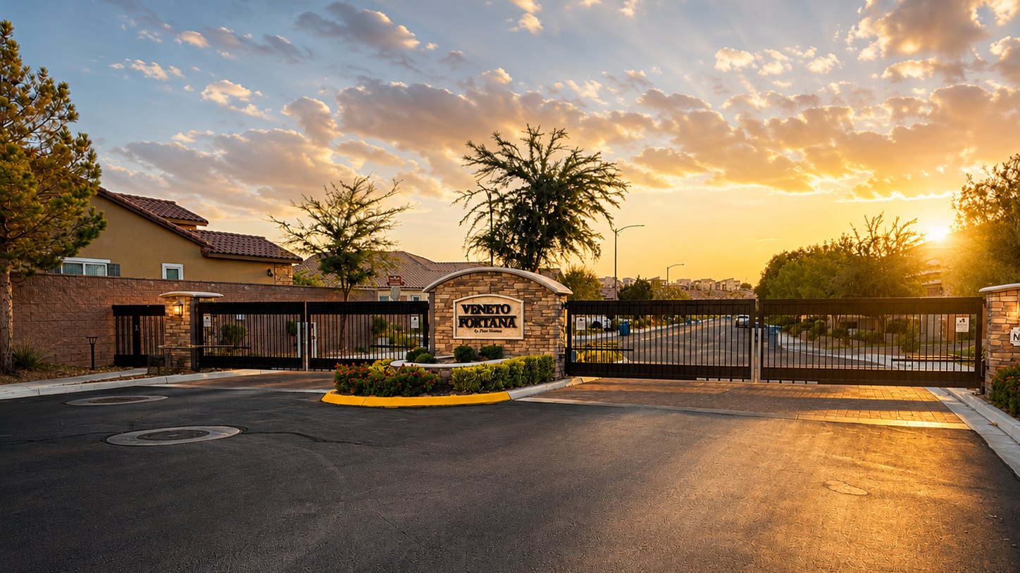 The gated entrance to Fortana and Veneto by Toll Brothers at sunset in Inspirada, Henderson NV