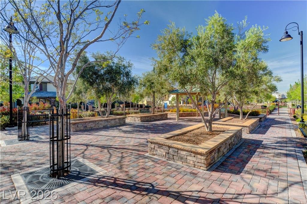Paver plaza with stone planters and shade trees