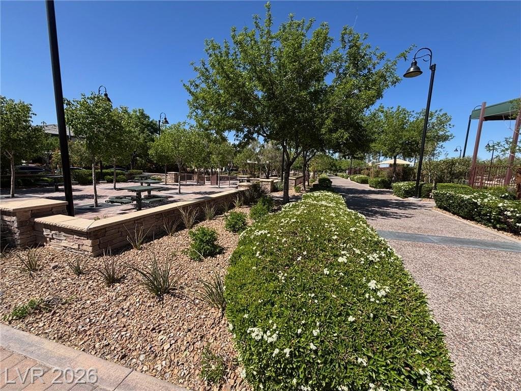 Neighborhood park with desert landscaping and shaded seating