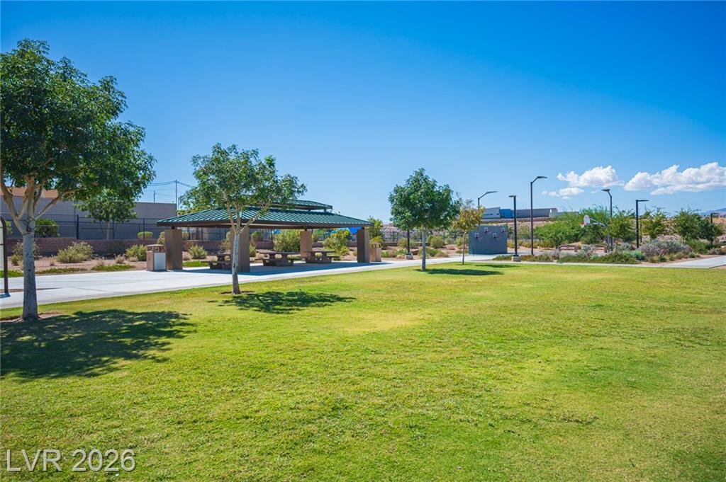 Community park lawn and shade pavilion