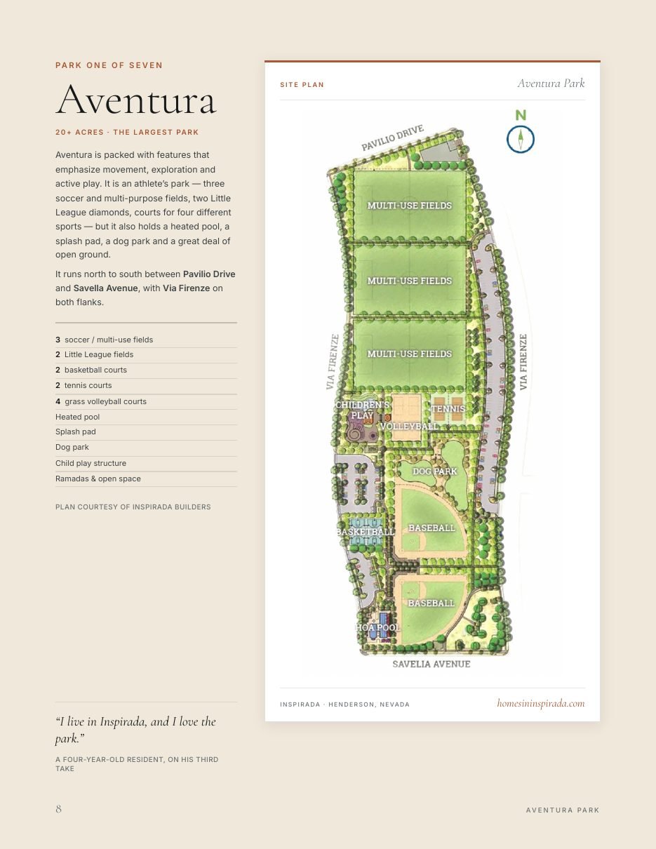 Aventura Park page from the Living Inspirada guide, with the park site plan