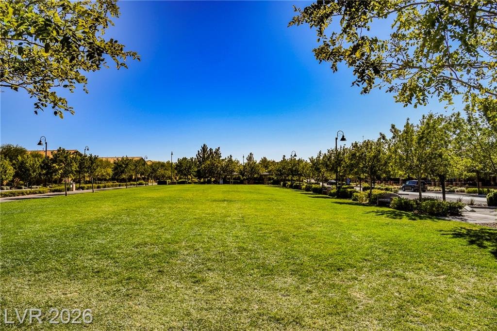 Open park lawn with shade trees in Inspirada