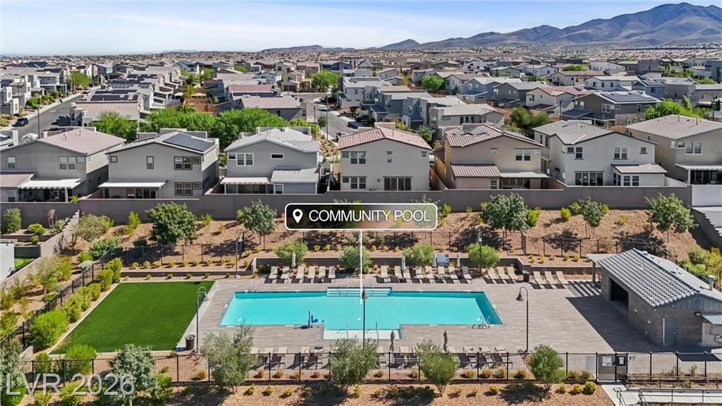 Aerial of the Castano community pool and lawn