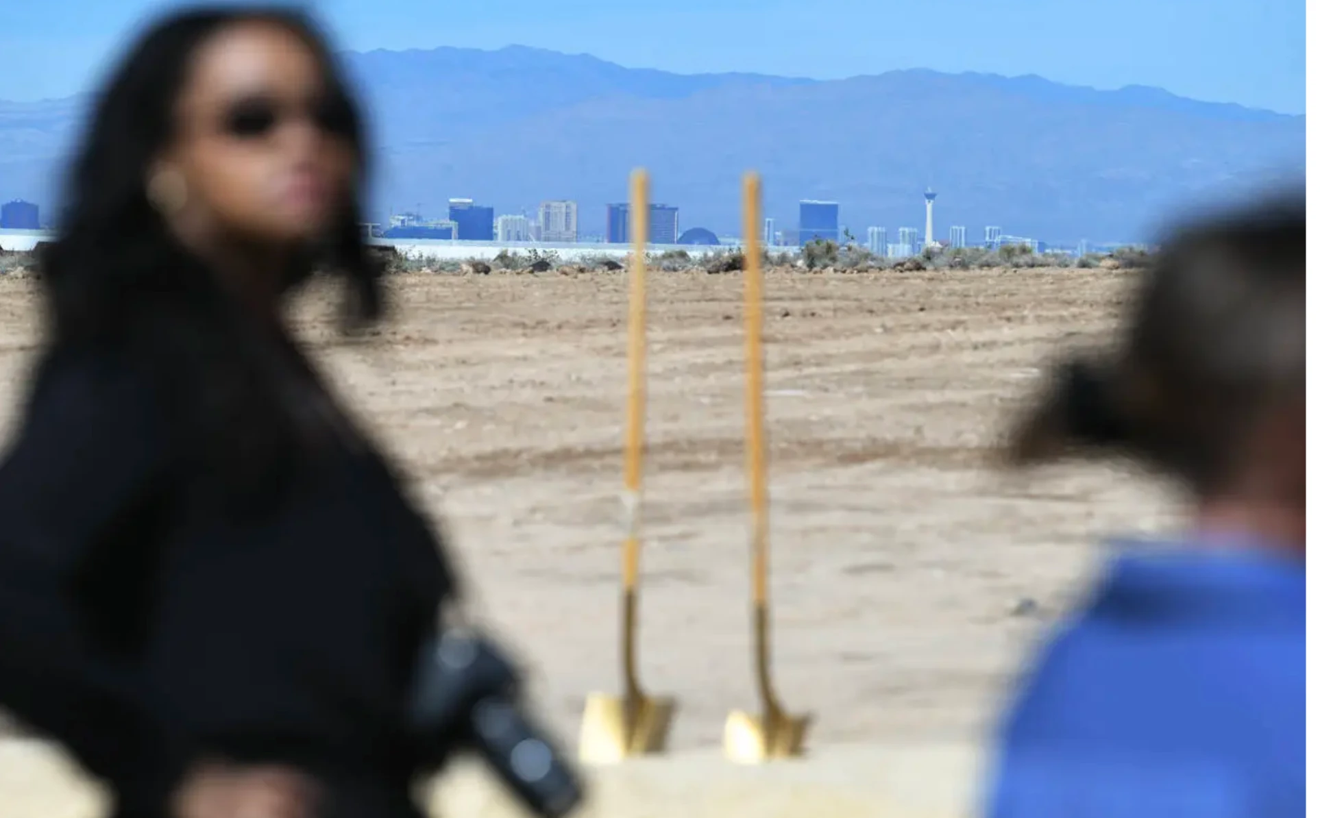 Ceremonial groundbreaking for Centurion at Inspirada mixed-use project in Henderson NV with Las Vegas skyline visible