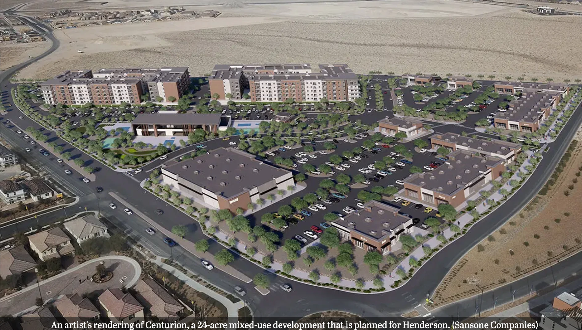Artist rendering of Centurion at Inspirada mixed-use development with Sprouts grocery and apartments in Henderson NV 89044